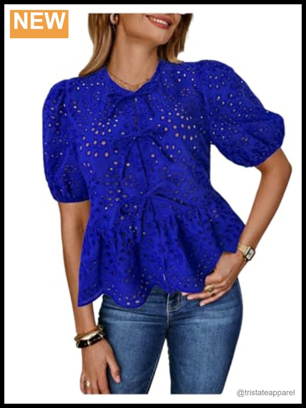 Women's Short Puff Sleeve Eyelet Blouse Bow Tie Front Hollow Out Peplum Top